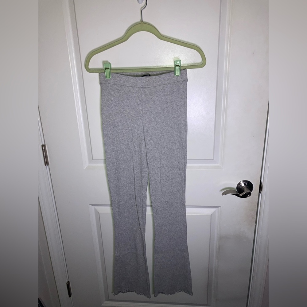 Bershka ribbed flare pant with lettuce hem in gray (purchased on ASOS)